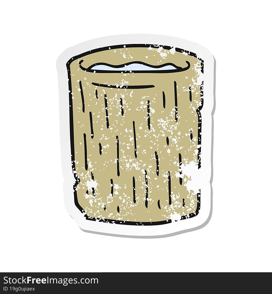 retro distressed sticker of a cartoon wooden cup with water