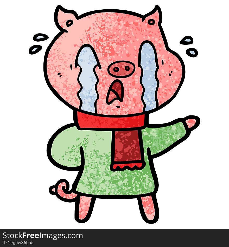 crying pig cartoon wearing human clothes. crying pig cartoon wearing human clothes