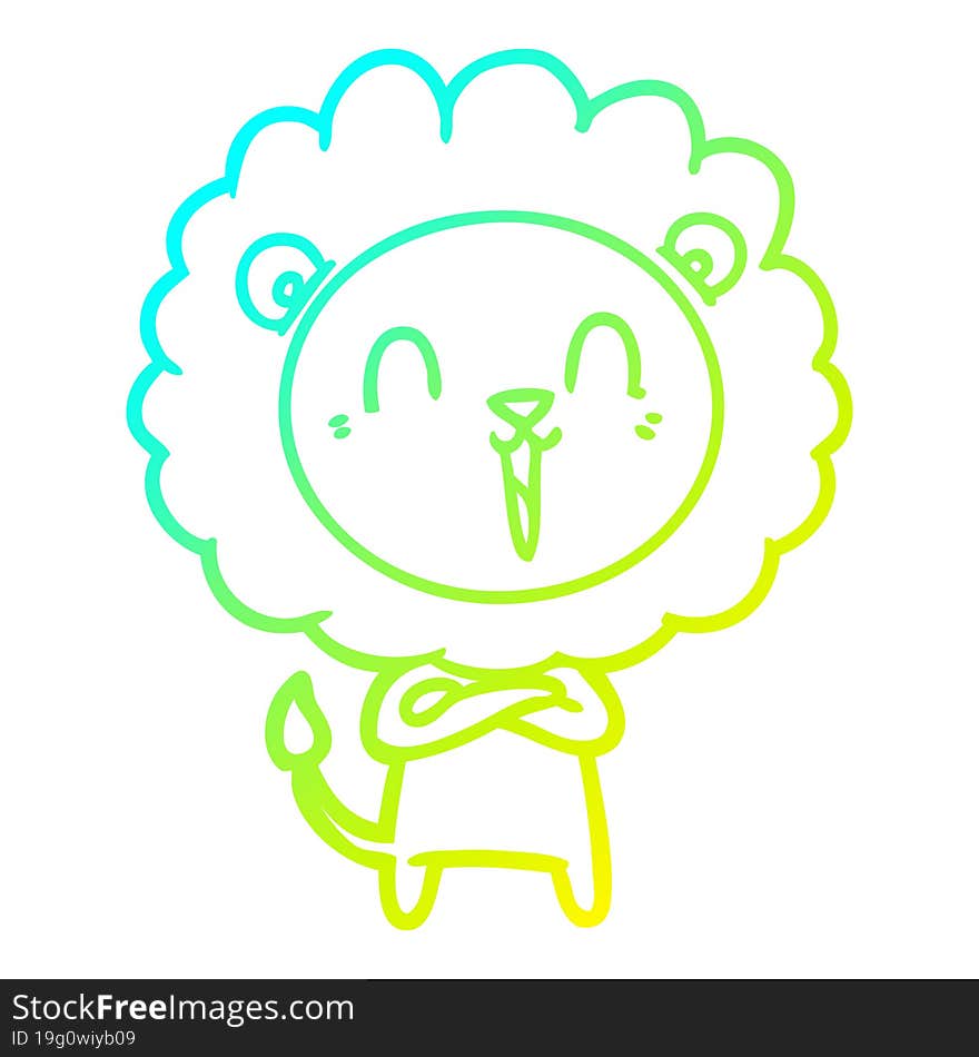 cold gradient line drawing of a laughing lion cartoon