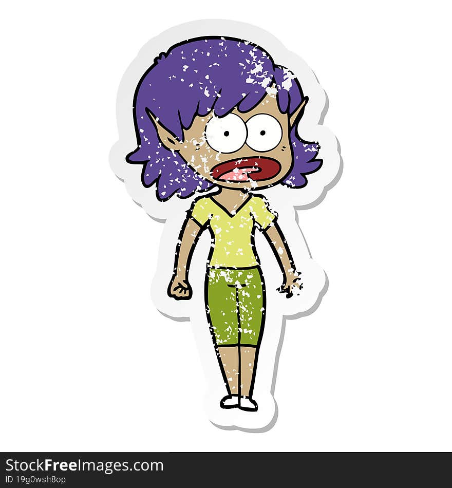 distressed sticker of a cartoon shocked elf girl