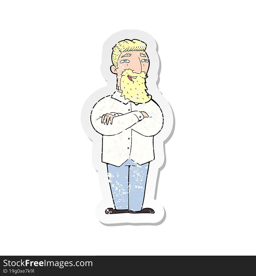 retro distressed sticker of a cartoon happy man with beard