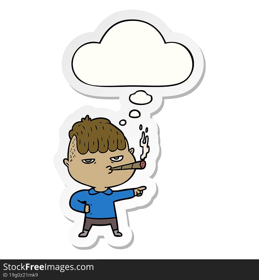 cartoon man smoking with thought bubble as a printed sticker