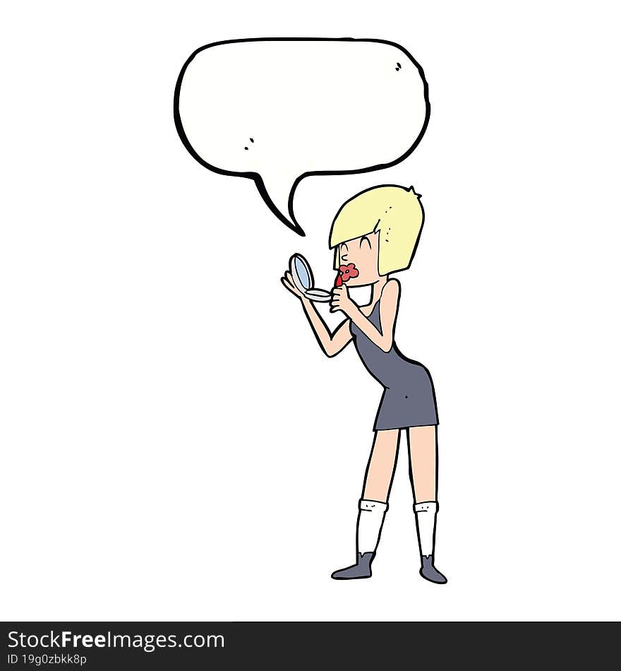 cartoon woman applying lipstick with speech bubble