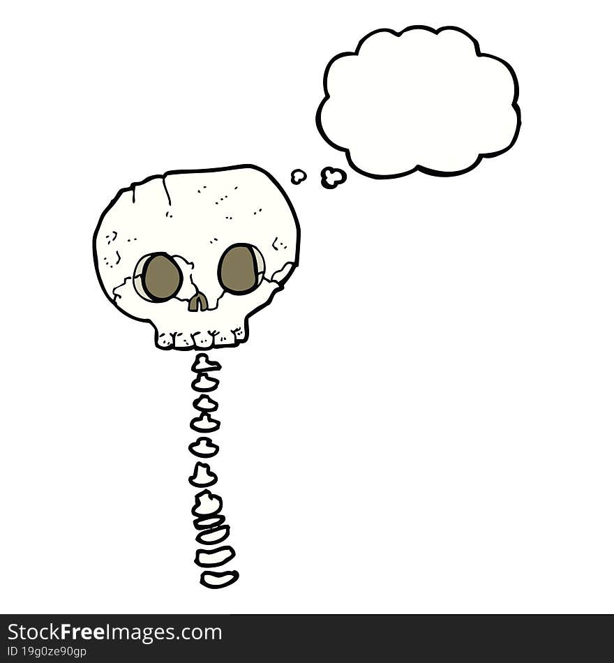 cartoon spooky skull and spine with thought bubble