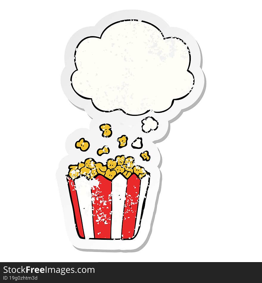 cartoon popcorn with thought bubble as a distressed worn sticker