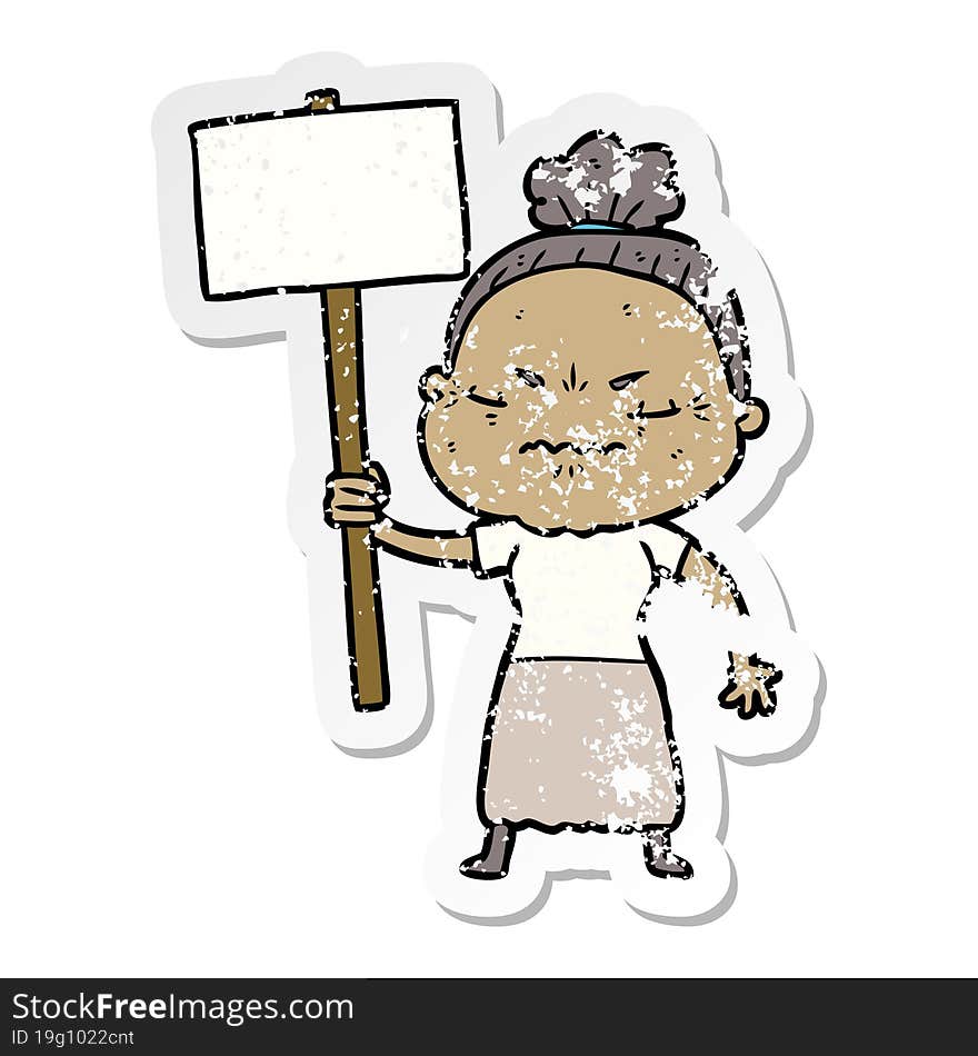 distressed sticker of a cartoon annoyed old lady