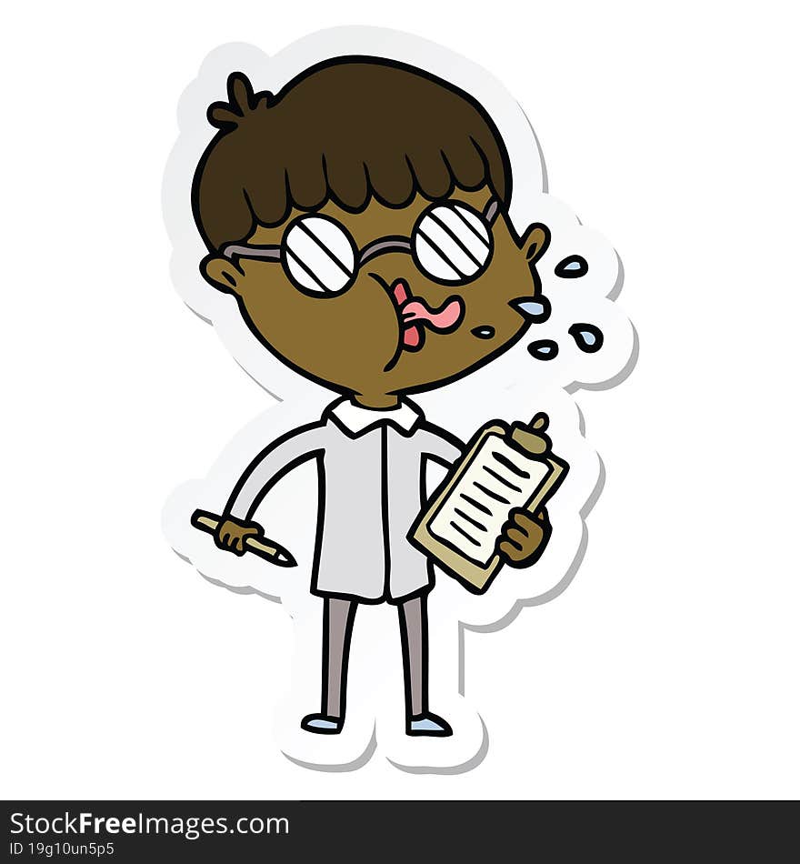 sticker of a cartoon boy wearing spectacles with clip board