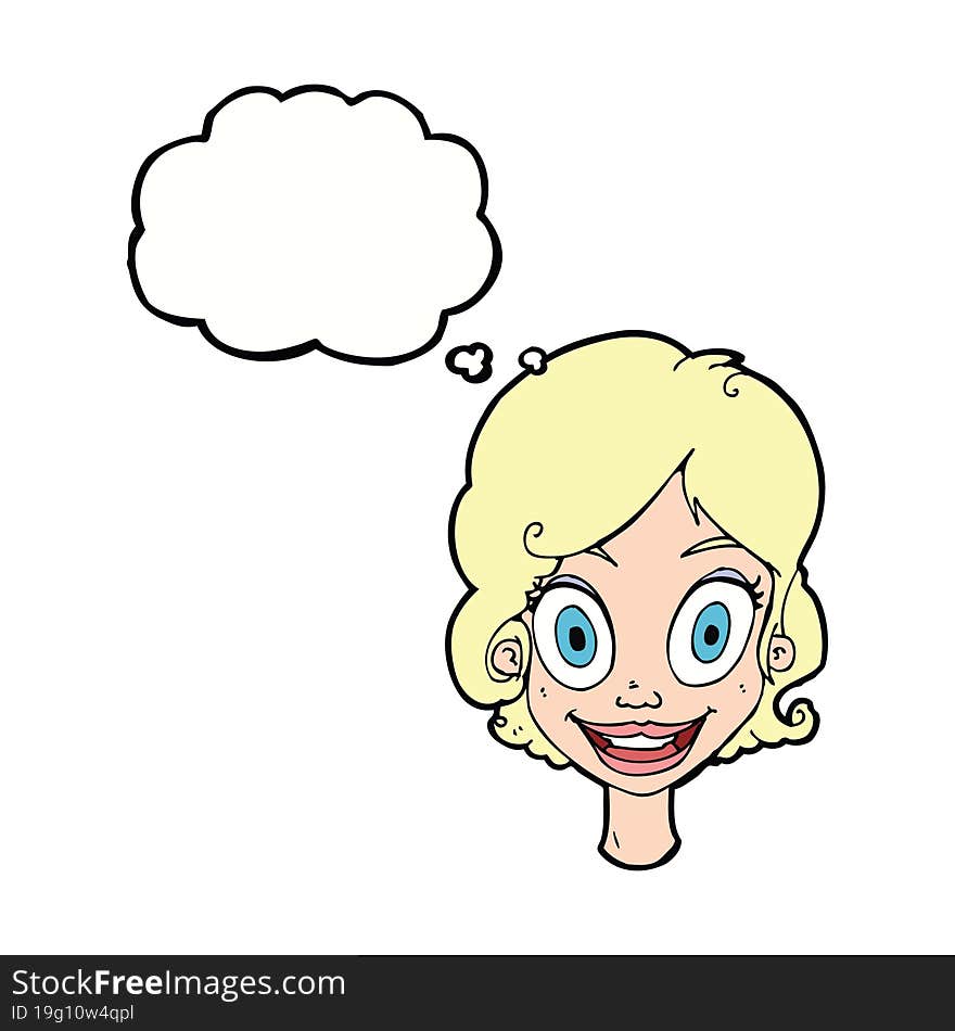 Cartoon happy woman with thought bubble