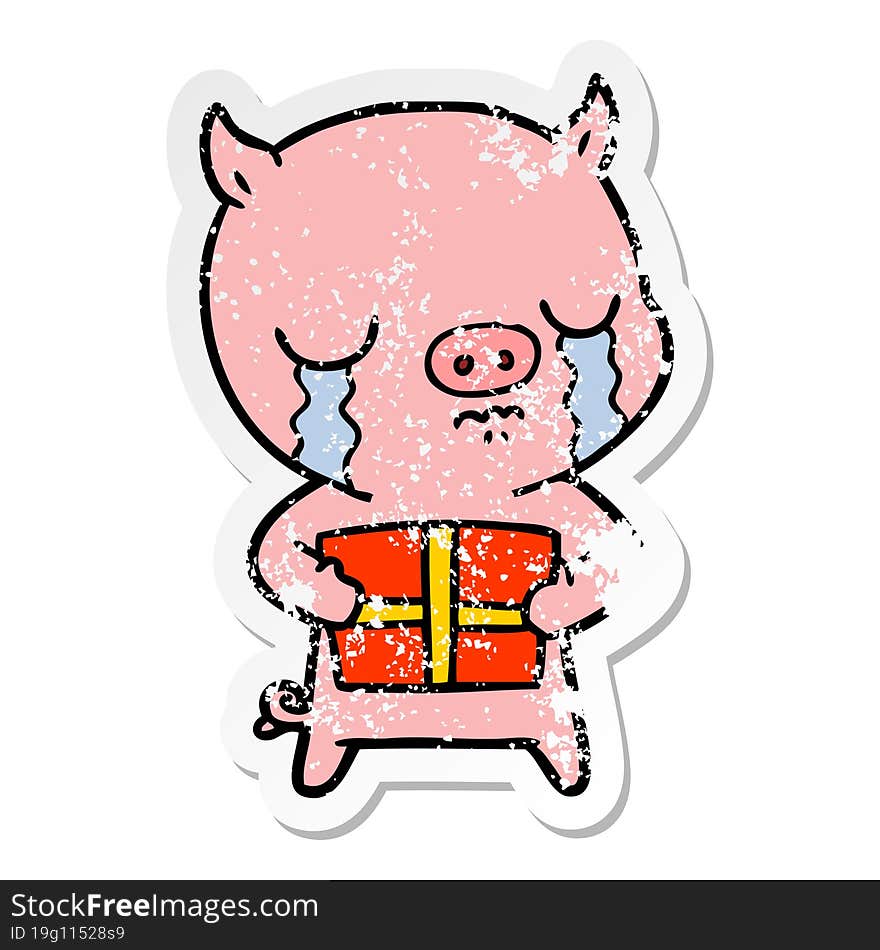 Distressed Sticker Of A Cartoon Pig Crying Over Christmas Present