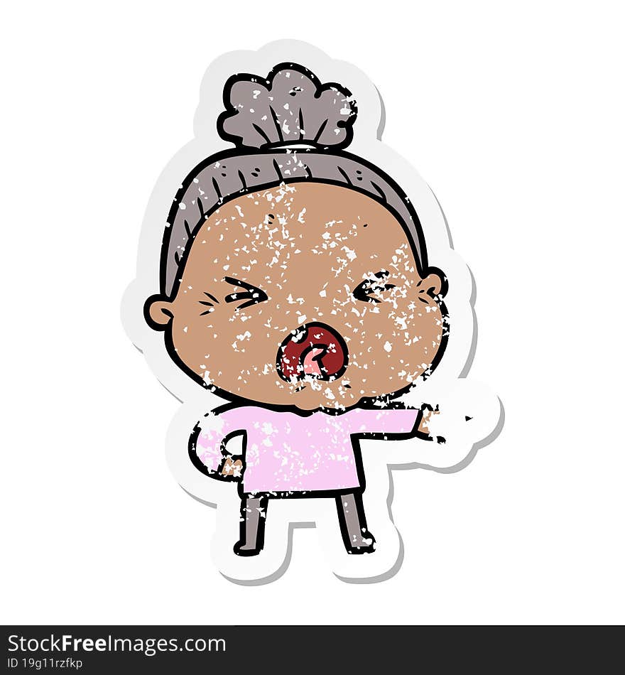 distressed sticker of a cartoon angry old woman