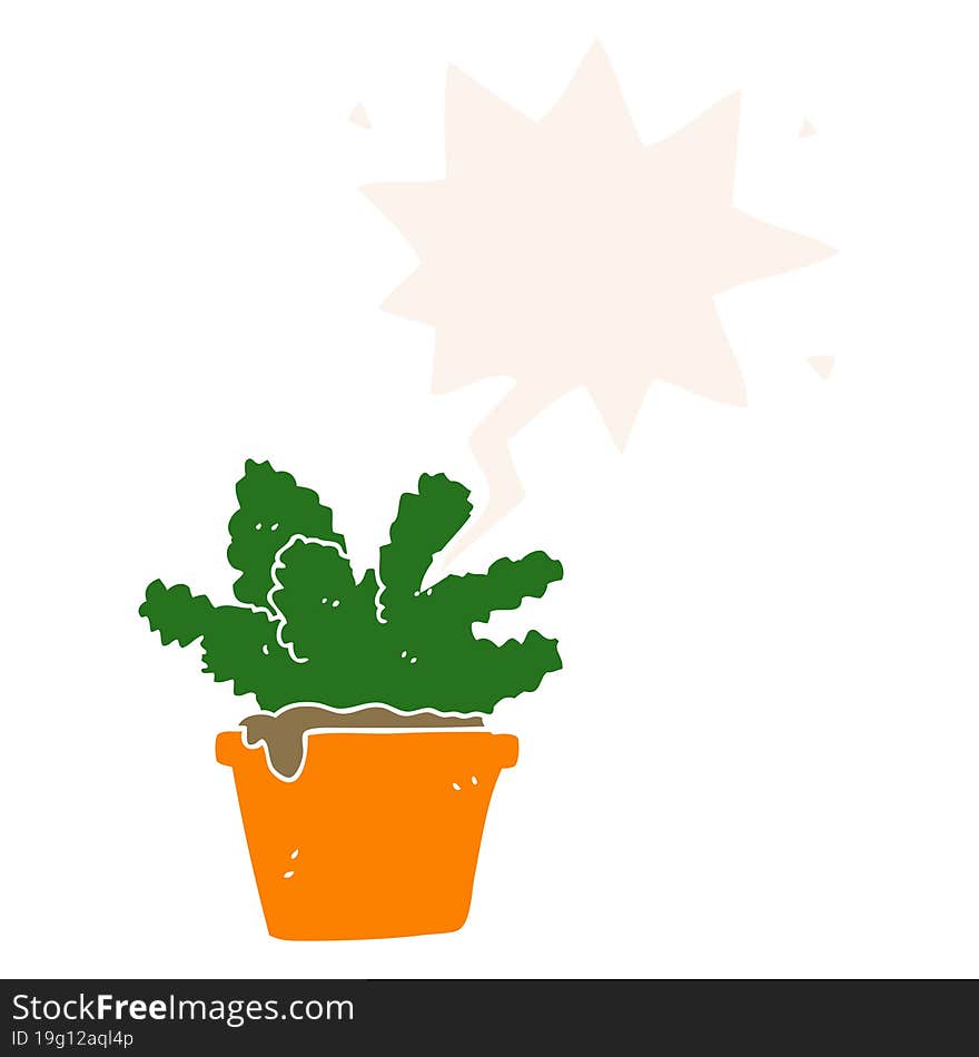 cartoon house plant and speech bubble in retro style