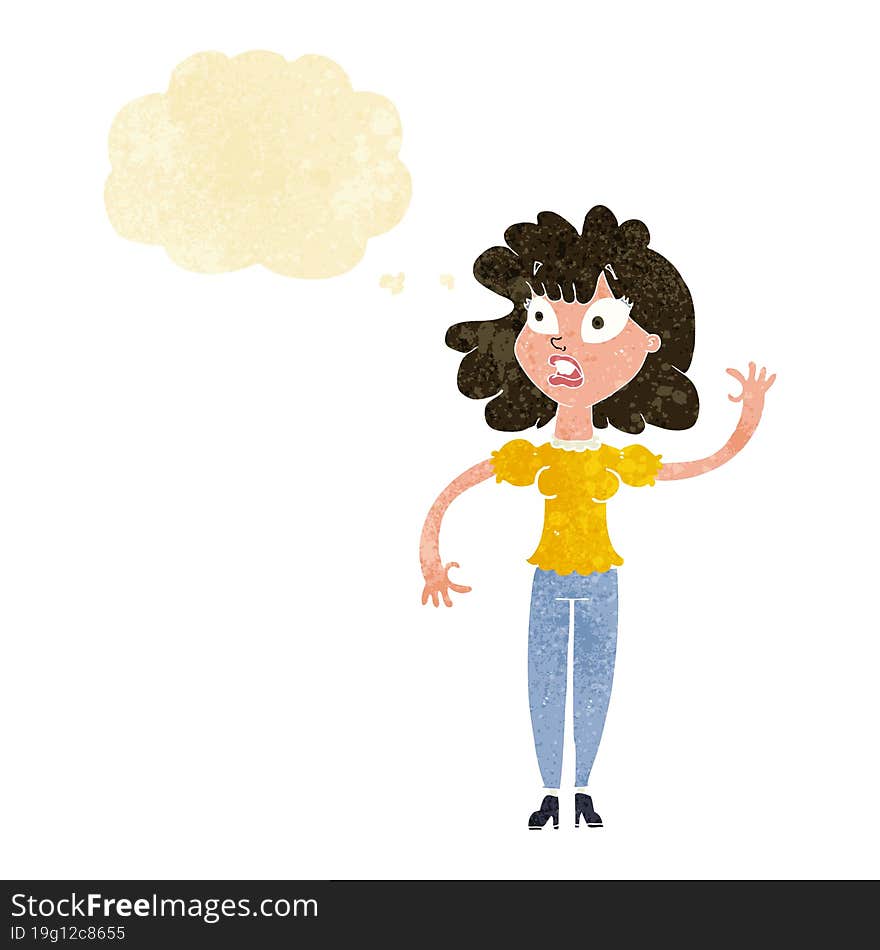 cartoon worried woman waving with thought bubble