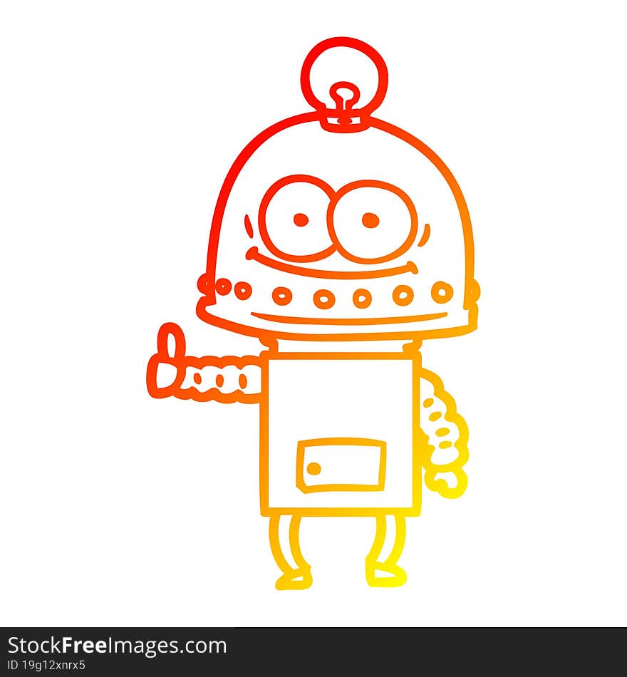 warm gradient line drawing happy carton robot with light bulb