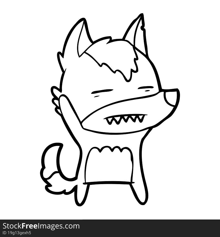 cartoon wolf waving showing teeth. cartoon wolf waving showing teeth