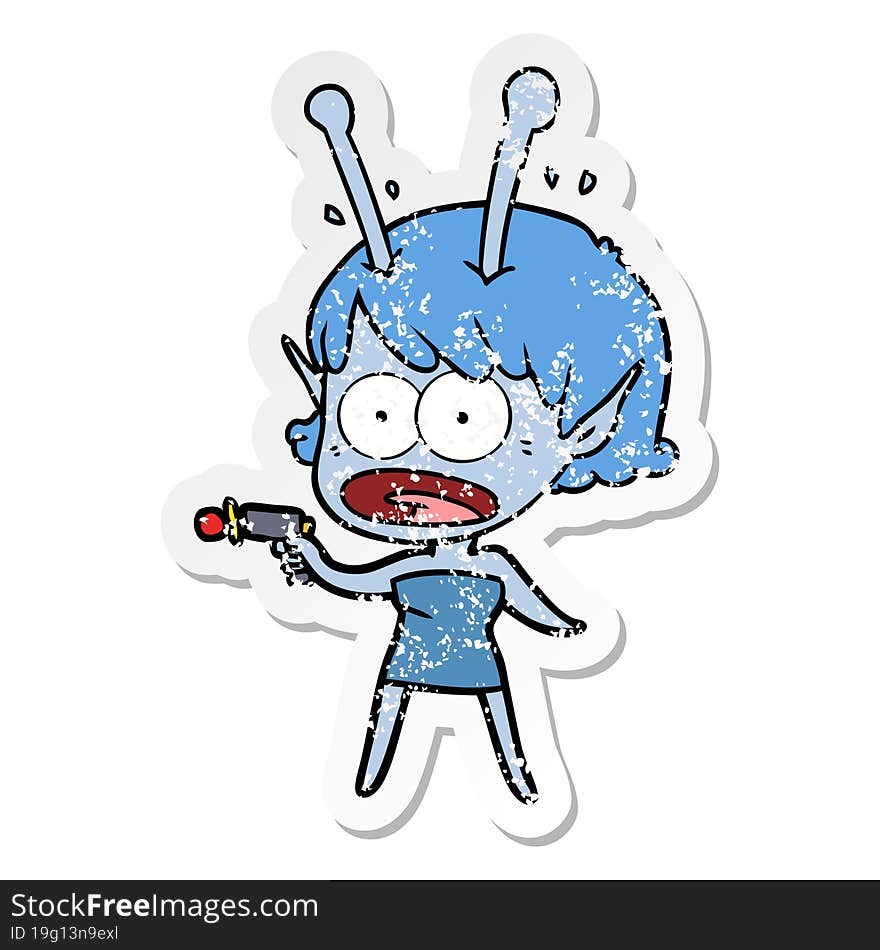 distressed sticker of a cartoon shocked alien girl