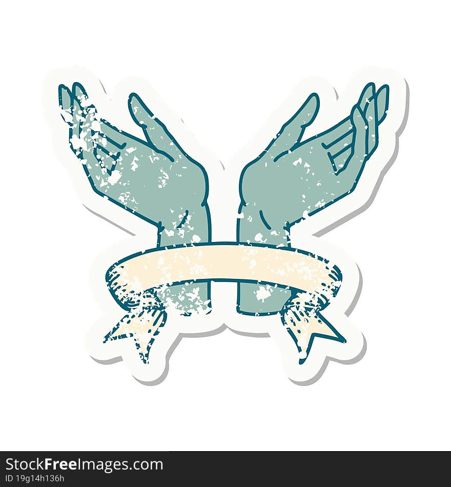 grunge sticker with banner of open hands