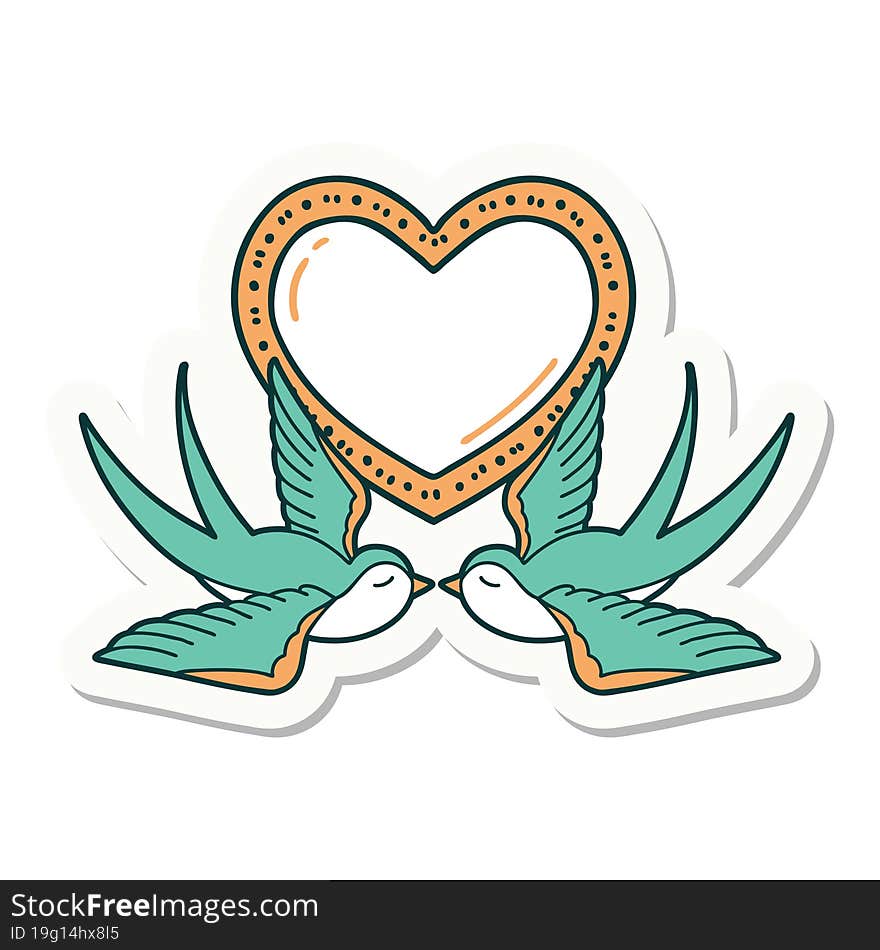 sticker of tattoo in traditional style of swallows and a heart. sticker of tattoo in traditional style of swallows and a heart