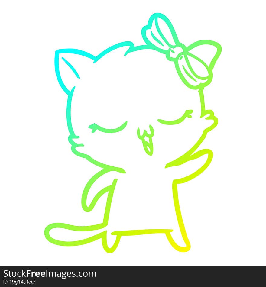 Cold Gradient Line Drawing Cartoon Cat With Bow On Head