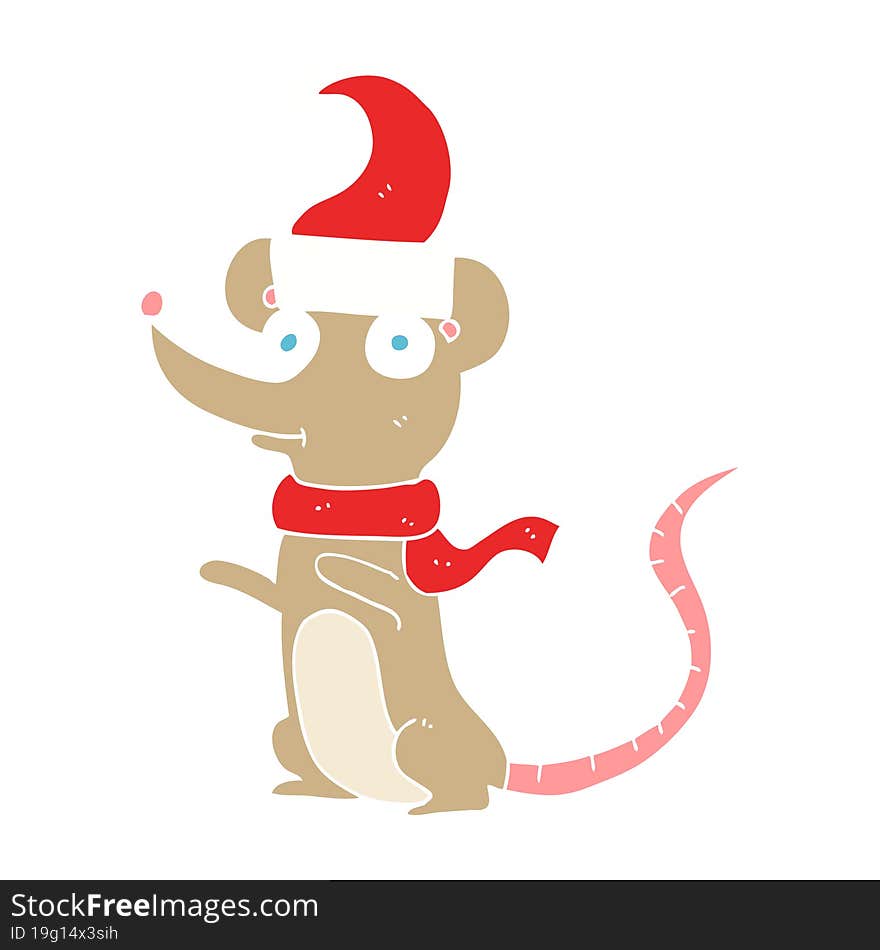 flat color illustration of mouse wearing christmas hat. flat color illustration of mouse wearing christmas hat