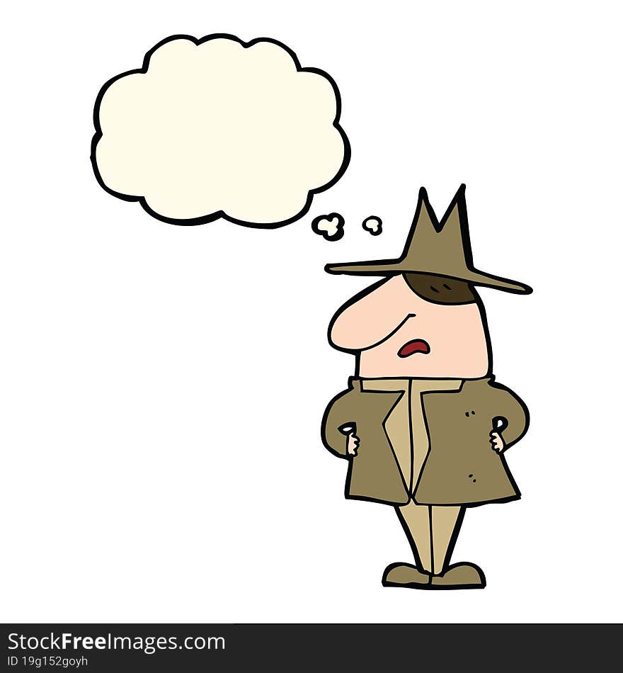 cartoon man in coat and hat with thought bubble