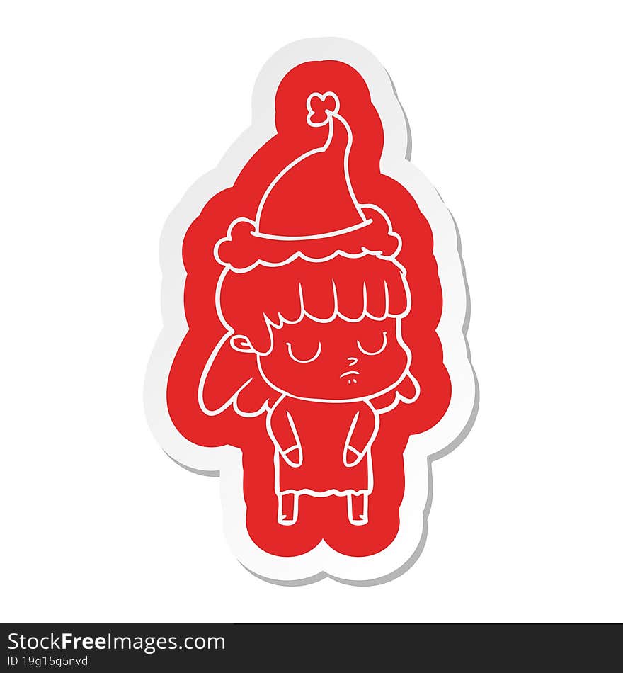 cartoon  sticker of a indifferent woman wearing santa hat