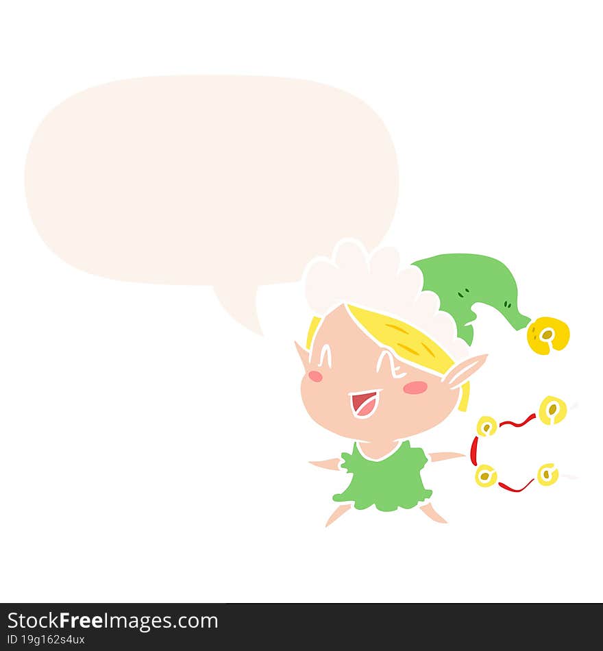 Cartoon Happy Christmas Elf And Speech Bubble In Retro Style