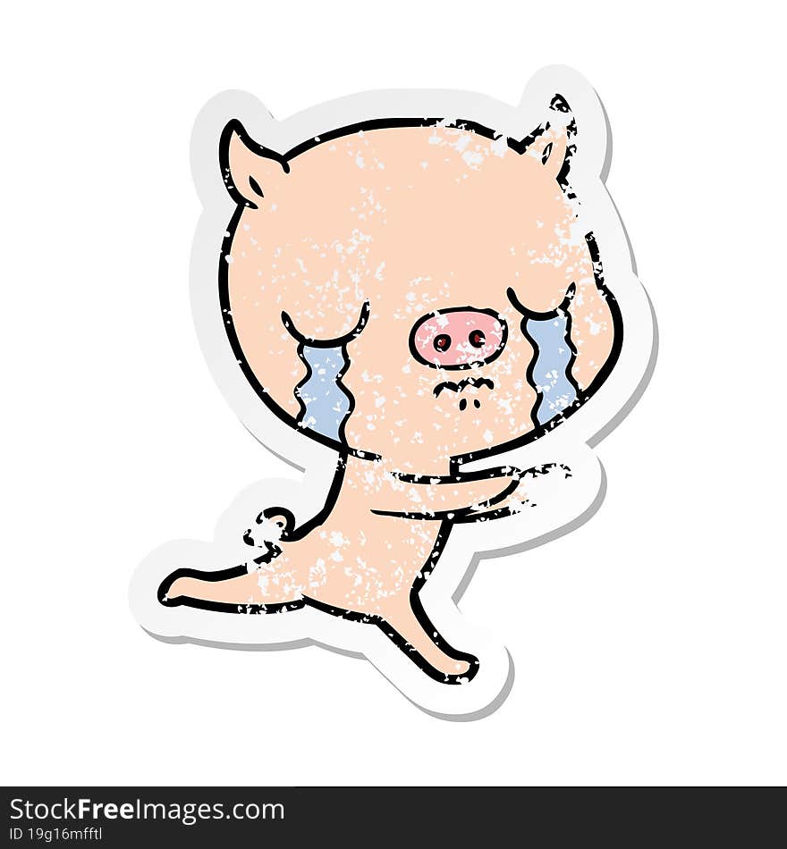 distressed sticker of a cartoon pig crying