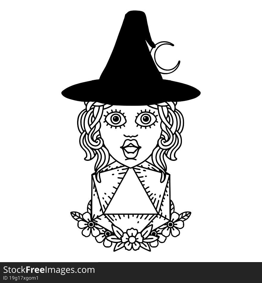 human witch with natural twenty dice roll illustration