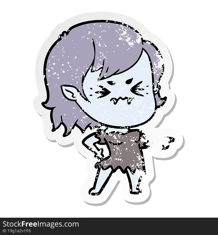 distressed sticker of a annoyed cartoon vampire girl