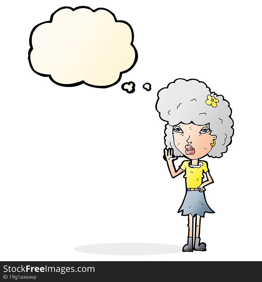 cartoon woman waving with thought bubble