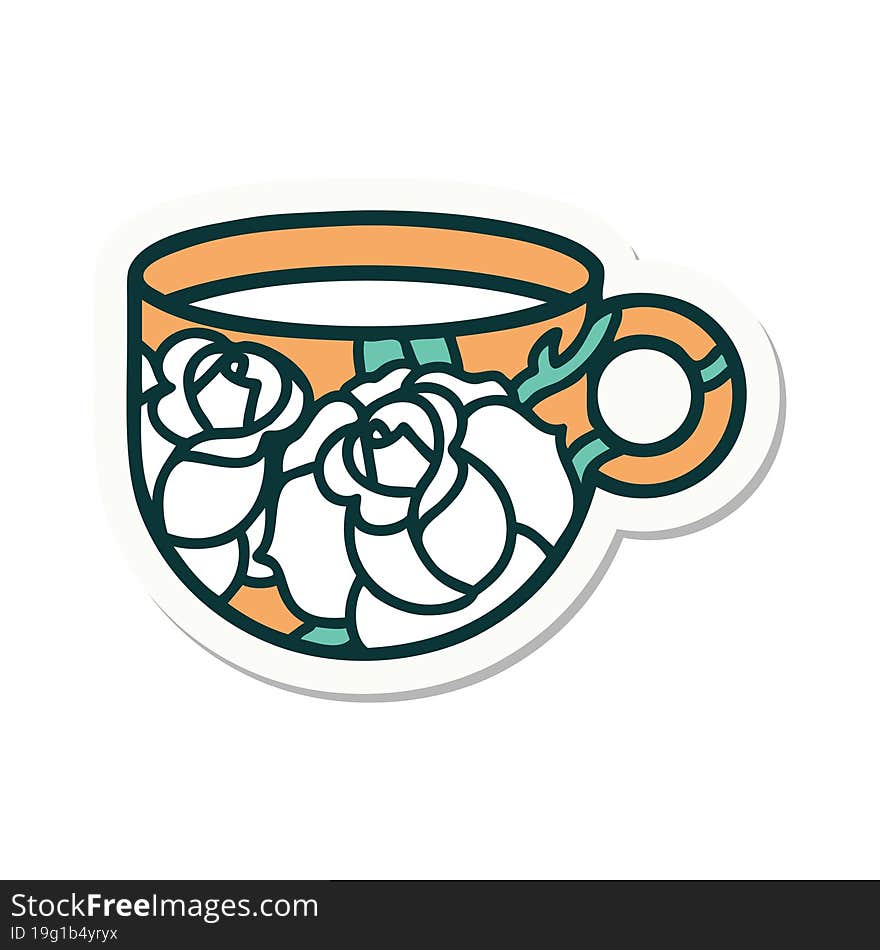 Tattoo Style Sticker Of A Cup And Flowers