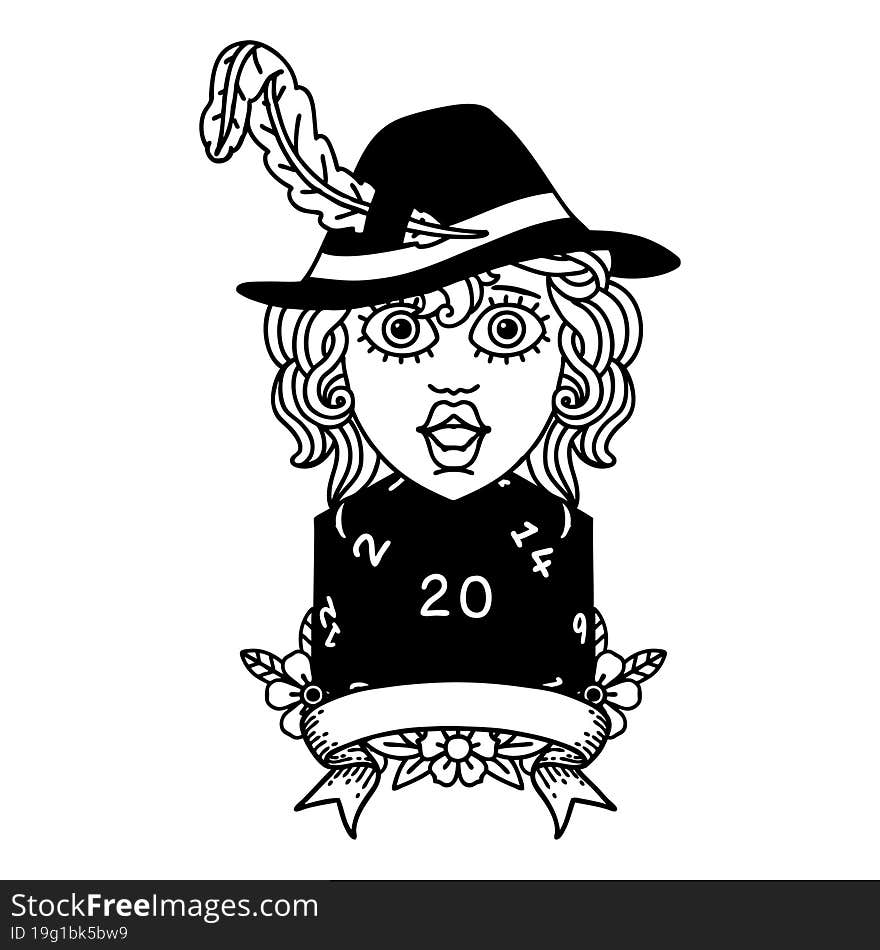 Black and White Tattoo linework Style human bard character with natural 20 dice roll. Black and White Tattoo linework Style human bard character with natural 20 dice roll