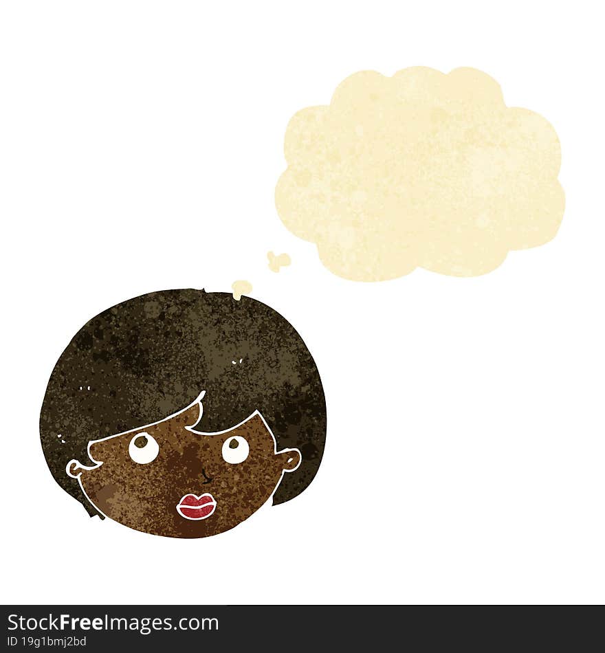 cartoon female face looking upwards with thought bubble