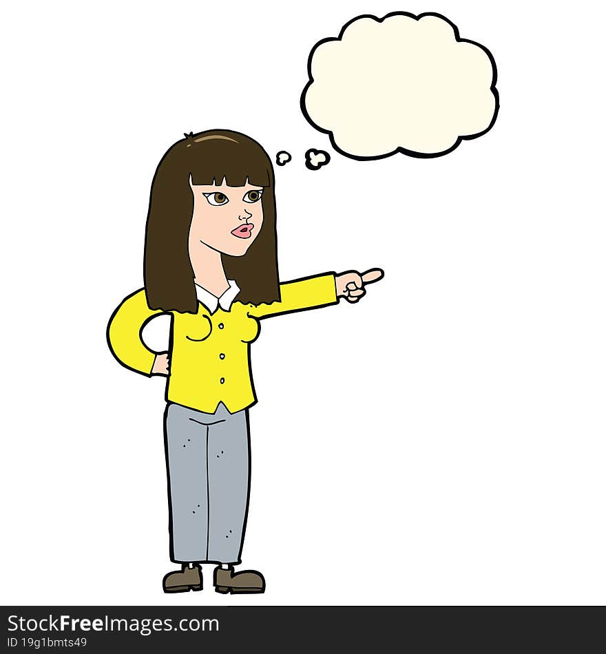 Cartoon Pretty Woman Pointing With Thought Bubble