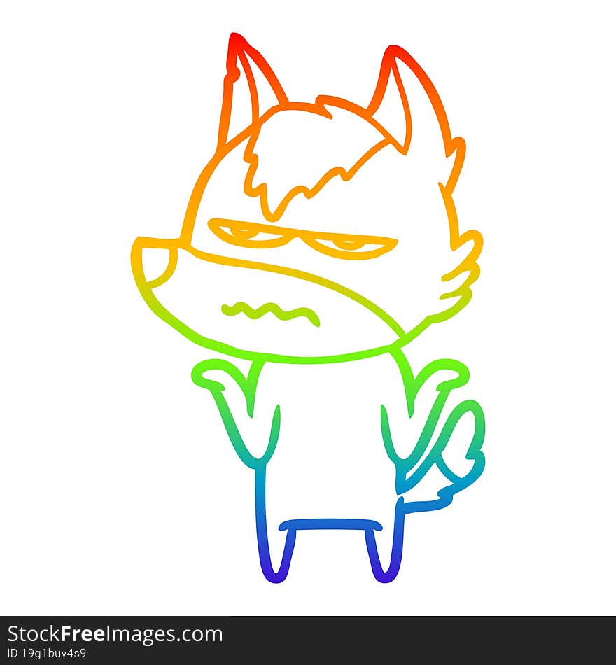 Rainbow Gradient Line Drawing Cartoon Annoyed Wolf