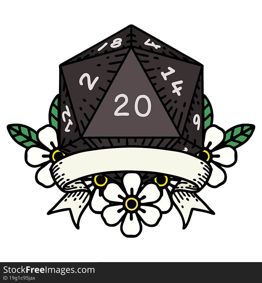 Retro Tattoo Style natural 20 critical hit D20 dice roll. Retro Tattoo Style natural 20 critical hit D20 dice roll