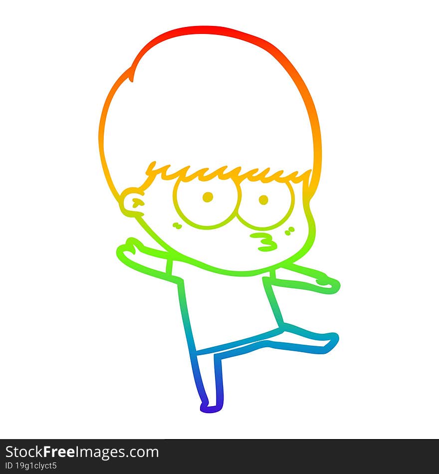 rainbow gradient line drawing of a nervous cartoon boy dancing