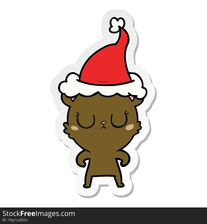 peaceful sticker cartoon of a bear wearing santa hat