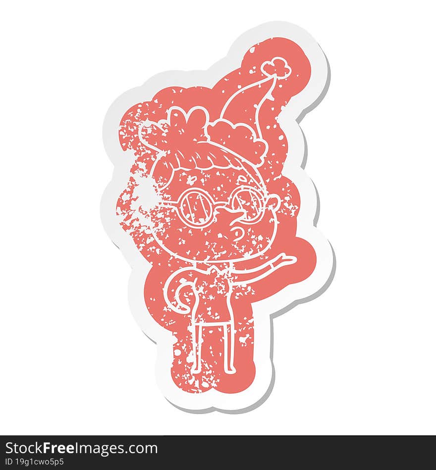 cartoon distressed sticker of a woman wearing glasses wearing santa hat