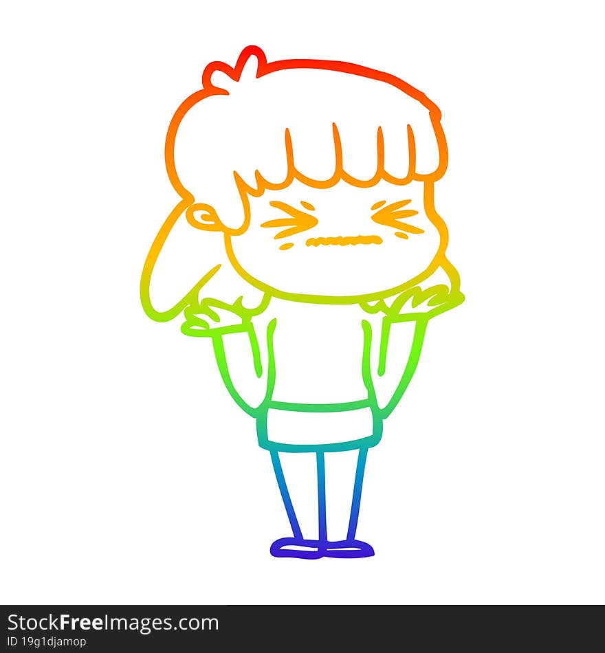 rainbow gradient line drawing of a cartoon angry girl