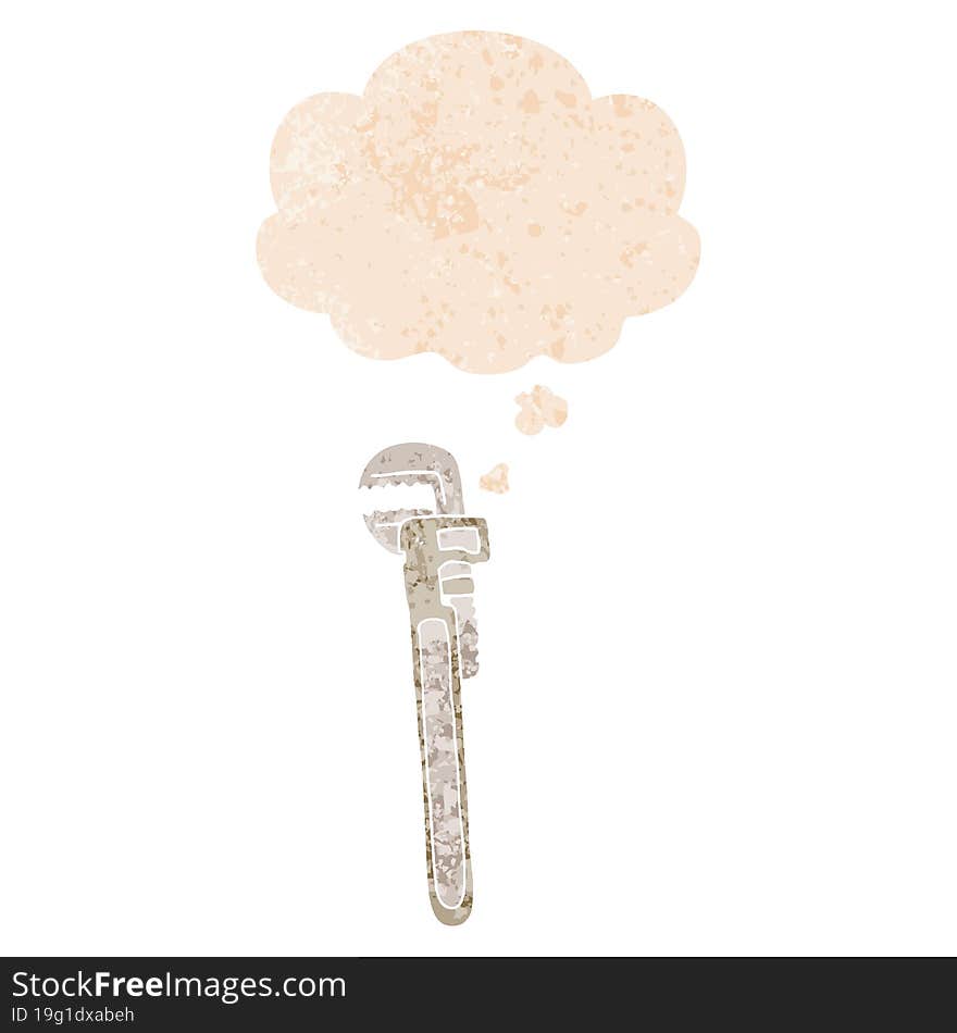 cartoon adjustable wrench and thought bubble in retro textured style