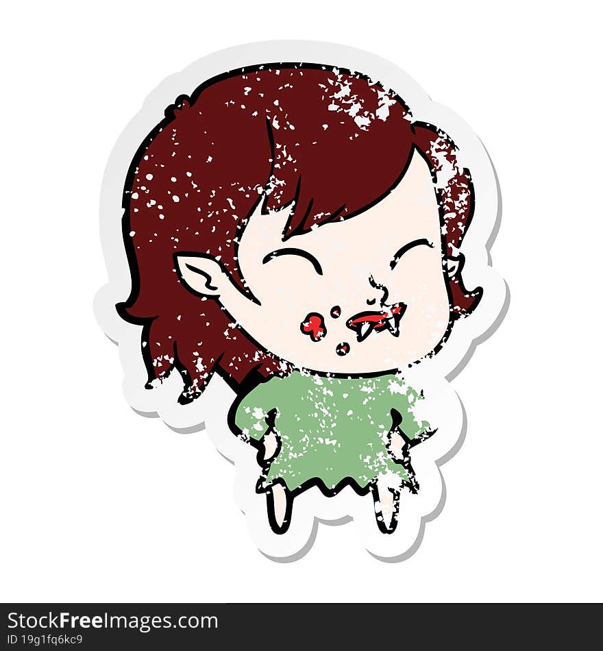 Distressed Sticker Of A Cartoon Vampire Girl With Blood On Cheek