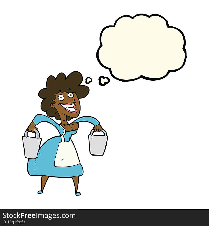 cartoon milkmaid carrying buckets with thought bubble