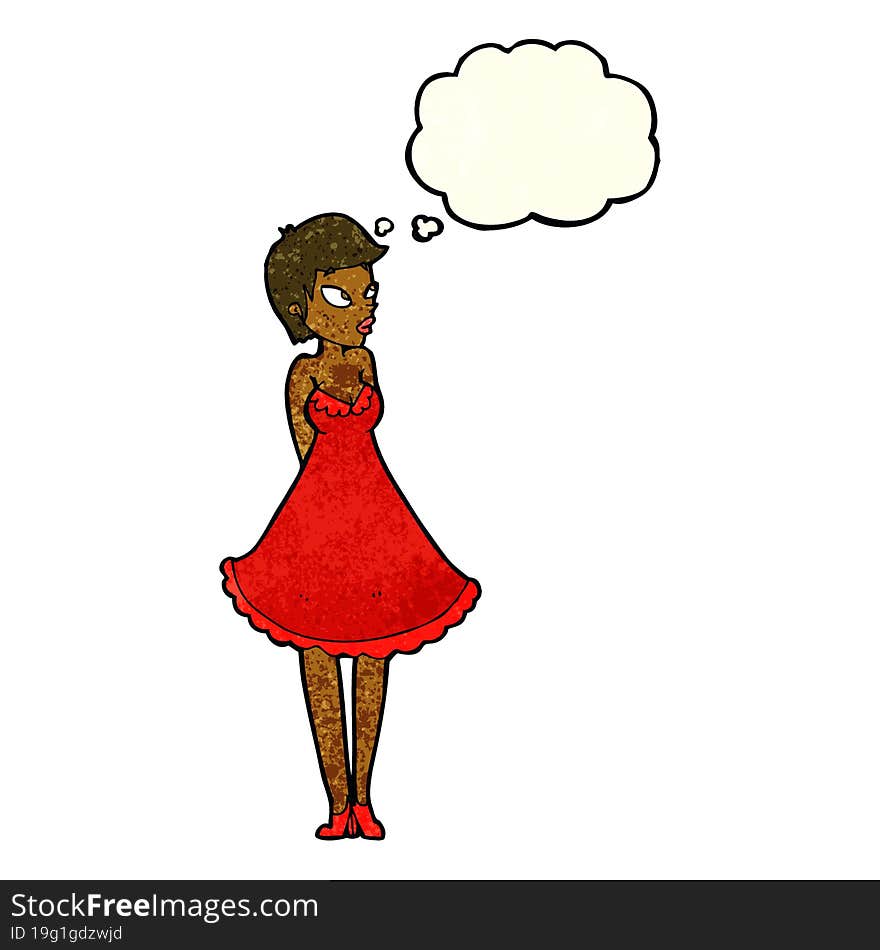 Cartoon Pretty Woman In Dress With Thought Bubble