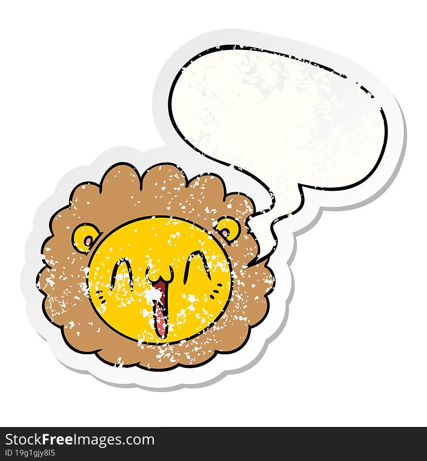 cartoon lion face and speech bubble distressed sticker