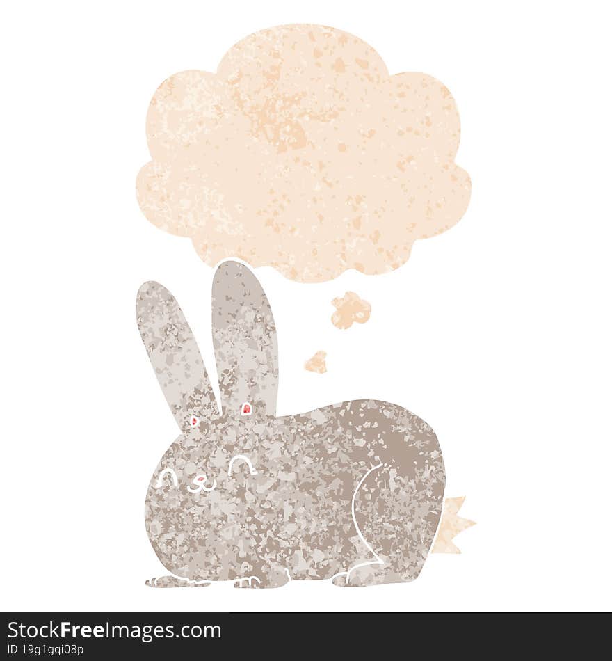 cartoon rabbit with thought bubble in grunge distressed retro textured style. cartoon rabbit with thought bubble in grunge distressed retro textured style