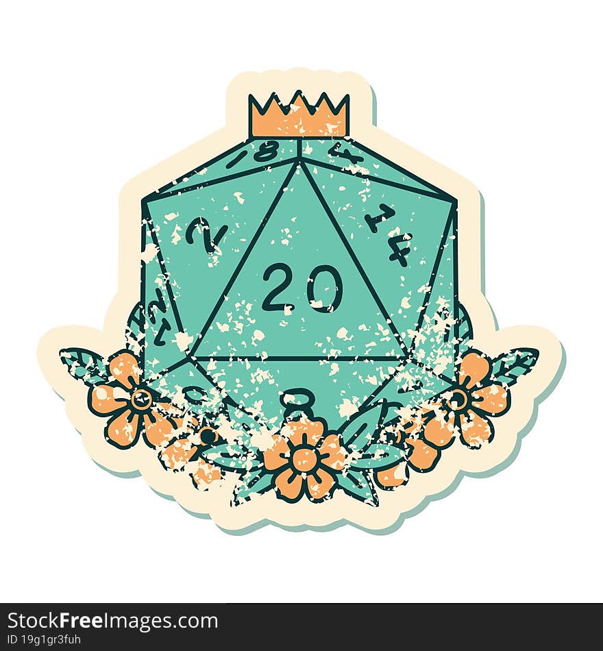 grunge sticker of a natural 20 D20 dice roll with floral elements. grunge sticker of a natural 20 D20 dice roll with floral elements