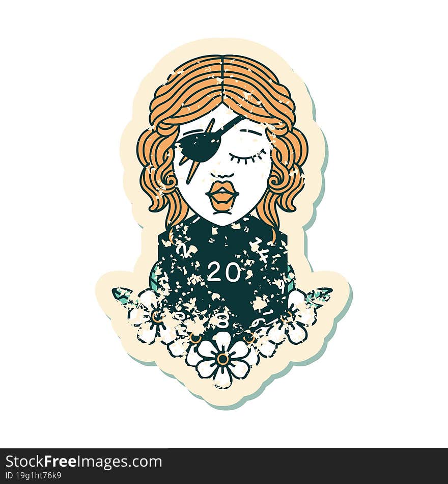 grunge sticker of a human rogue with natural twenty dice roll. grunge sticker of a human rogue with natural twenty dice roll