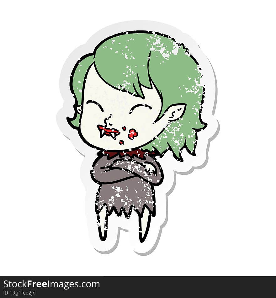 Distressed Sticker Of A Cartoon Vampire Girl With Blood On Cheek