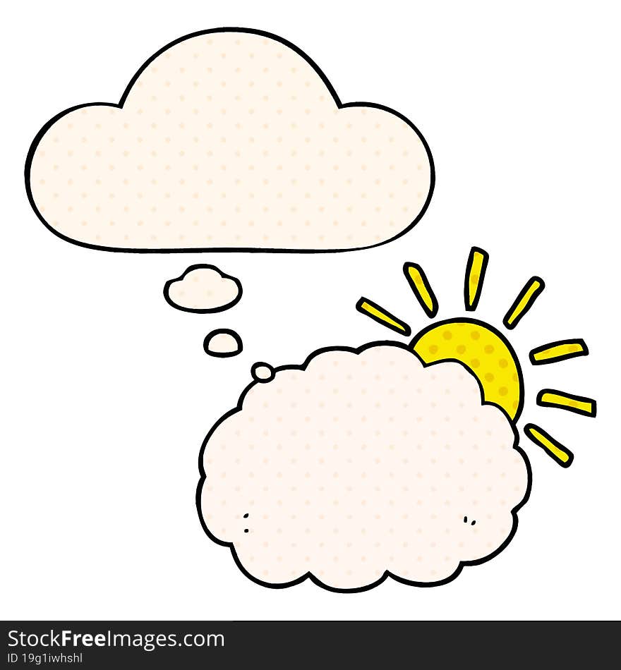 cartoon sun and cloud symbol with thought bubble in comic book style